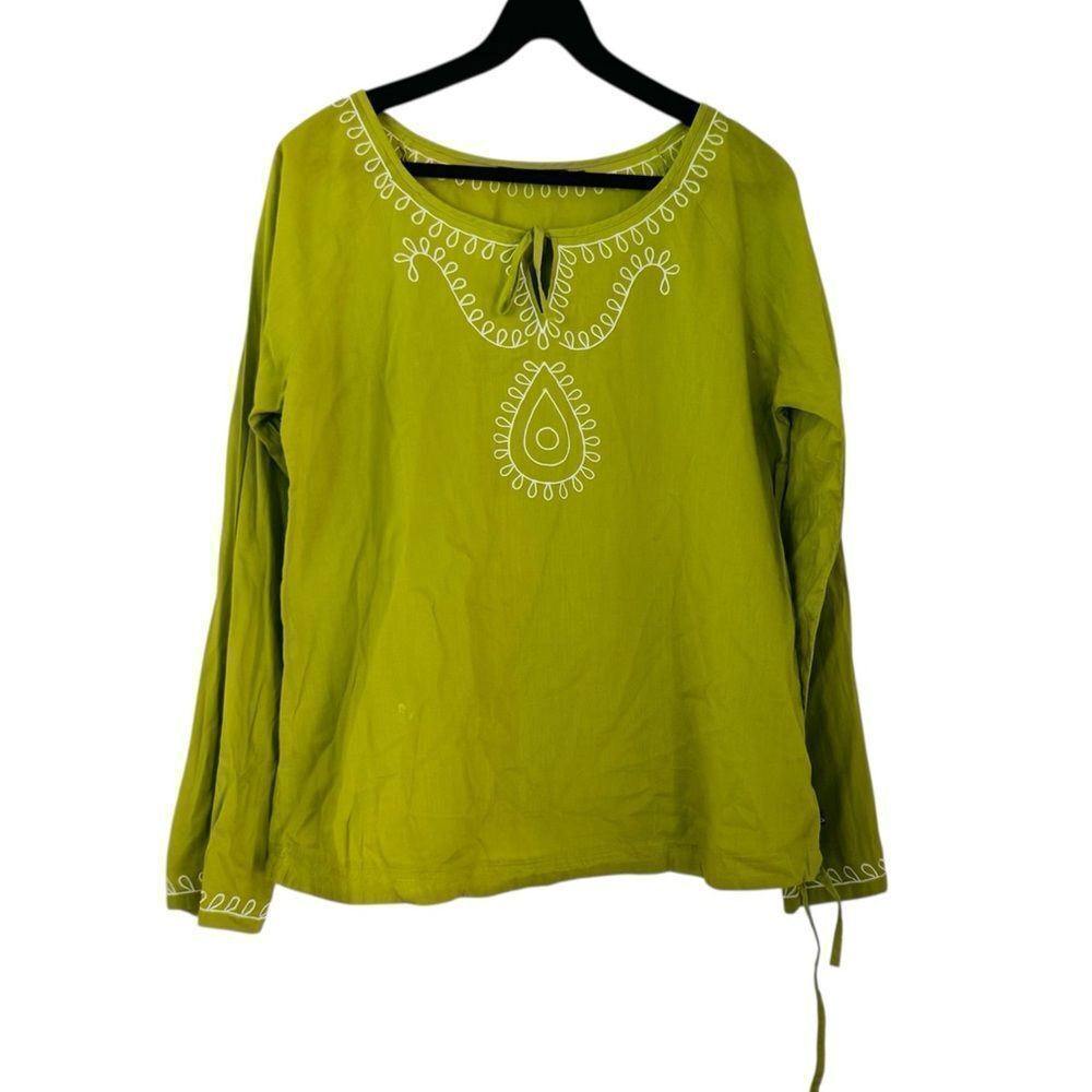 Prana Cotton Popover Embroidered Drawstring Hem Tie Neck Blouse Size Large